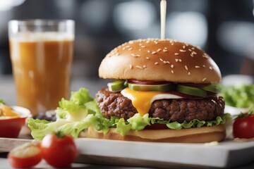 Wall Mural - 'beef burger cheeseburger hamburger junk food blank empty space advertisement billboard cafes menu american bread bun cheese closeup condiment drink fast and grilled horizontal ketchup lettuce macro'