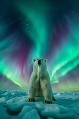 polar bear in wild snow field with beautiful aurora northern lights in night sky with snow forest in