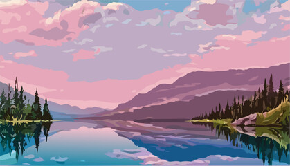 Wall Mural - Beautiful landscape with lake and mountains at sunset