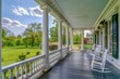 A large front porch with white railings, overlooking the green lawn surrounded by lush trees and a picturesque view of nature Generative AI