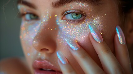 woman with a shimmering, iridescent makeup and nail polish. 