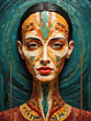 portrait of a futuristic female face adorned with many colored tiles with an original headdress