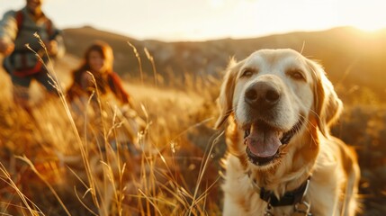 Wall Mural - Dog hiking with family in outdoor park