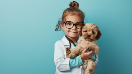 Wall Mural - A little child wearing doctor coat with eyeglasses holding a cute puppy dog with plain background.