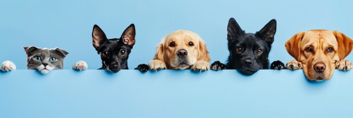 Wall Mural - Cute dog and cat peeping with plain background.