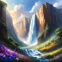 Wall Mural - A beautiful landscape featuring a large waterfall flowing down a mountain side.