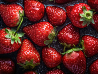 A close up of a bunch of red strawberries. The strawberries are fresh and ripe, and they are arranged in a way that makes them look like they are ready to be eaten. Concept of abundance and freshness