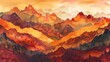 Dynamic alcohol ink illustration of a mountain range during autumn, with fiery reds, oranges, and yellows blending into the rocky textures