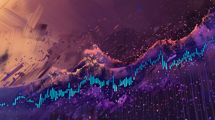 Wall Mural - A commodity price chart with blue indicators falling. hinting at a tsunami in the commodities market. The background is violet and brown