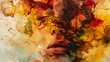Surreal portrait using alcohol ink techniques, featuring a face emerging from abstract shapes and vibrant splashes of red and yellow
