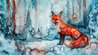 Whimsical alcohol ink depiction of a fox in a snowy forest