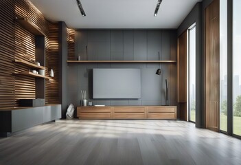 Wall Mural - gray slat rendering built-in 3d wall empty room cabinet Modern wooden