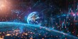 Advanced global network concept depicting Earth surrounded by dynamic digital information flows and glowing particles in a deep space setting.