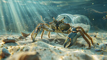 A Crab Trapped In A Glass Bottle Underwater. Sandy Seabed Background With Light Rays Penetrating The Water.