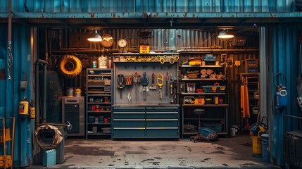 a garage with a large metal cabinet and tools in it's center area