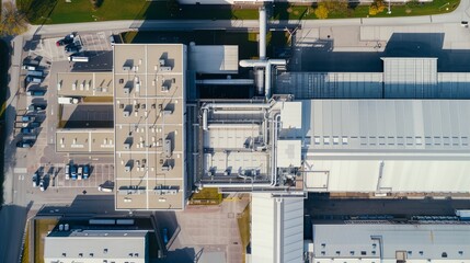 Wall Mural - an aerial view of a factory building with a lot of cars parked in front of it