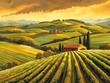 A painting of a landscape with a golden sky and rolling hills covered in vineyards and cypress trees.