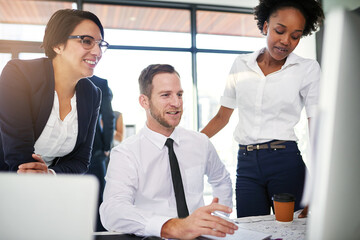 Poster - Business, employee and office with computer for teamwork, collaboration and research as accountant. Support, help and learning with auditing training for career or company growth and data entry