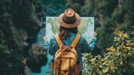 girl wearing brown hat and blue jeans jacket looking at the map