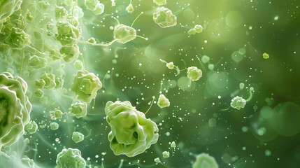 A detailed view of plant cell composition against a green backdrop. with numerous cells congregating in the middle and tiny particles surrounding them