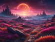 A beautiful, otherworldly landscape with a red moon in the sky, surrounded by a field of flowers and rocks.