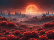 A desert alien landscape with a red moon rising above the horizon. The scene is filled with red flowers scattered throughout the desert, adding a touch of color to the otherwise barren environment.