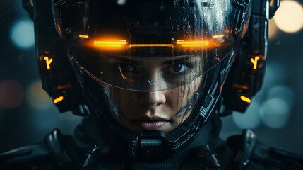 Canvas Print - Futuristic female soldier in high-tech combat helmet