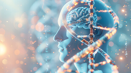 Wall Mural - A double helix of DNA is in the foreground. and above it there is an illustration of half a human head with a brain inside. In front there is a blurred background