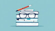 A flat vector graphic of an organized stack of papers with glasses and a pen on top. representing academic writing tools for content creation in educational sales marketing