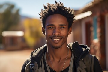 A man with a beard and dreadlocks is smiling and wearing a black hoodie