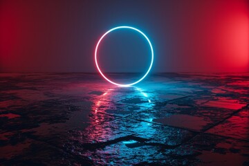 Poster - Futuristic neon circle glowing in a dark room