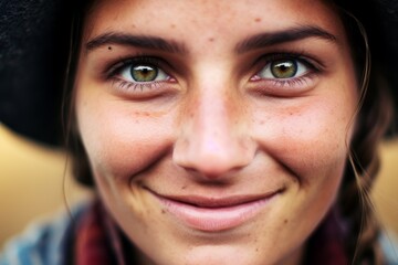 Wall Mural - Close-up Portrait of a Smiling Young Woman with Freckles