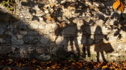 Poster - Autumn leaves scattered around a rustic, sunlit wall