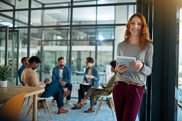 Leinwandbilder - Woman, tablet and portrait in coworking office, business and tech for online information or research for creative project. Team, working and advertising company and brainstorming, startup or employee