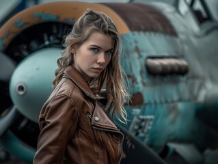 Canvas Print - Young woman in leather jacket standing in front of a vintage airplane