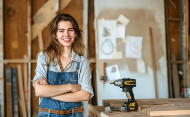 Confident female woodworker standing in a woodworking shop.