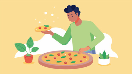 Wall Mural - A man sprinkles herbs onto a homemade pizza enjoying the quiet and theutic process of creating a delicious meal..