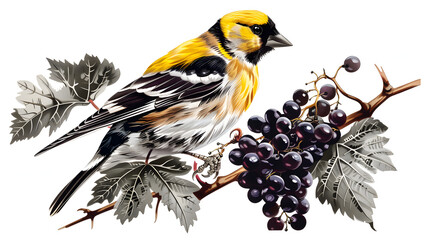 Wall Mural - a golden metalic feather bird . white and black grapes color lines