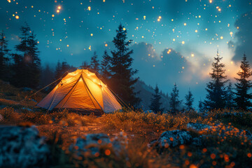 Sticker - A nomad's tent pitched beneath a canopy of stars, where dreams roam freely under the open sky. Concept of wanderlust and freedom. Generative Ai.