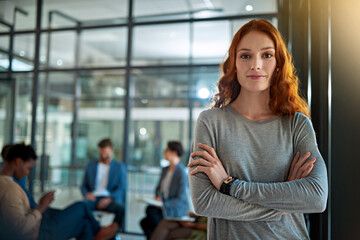 Poster - Crossed arms, office and portrait of business woman with team for meeting, planning and startup ideas. Professional, happy and person in workplace with confidence, company pride and ready for career