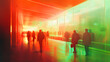 © Oleksandr - A hazy image of university students strolling in the corridor of their expansive. contemporary red and green university with vibrant orange highlights and indistinct movement blur surrounding them.
