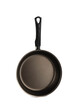 Metal new skillet with plastic black handle on white background.