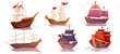 Set of Old wooden ships. Ancient pirate frigates, sailboat, schooners and traditional boats sailing on sea. Galleons or warships. Cartoon flat vector illustrations isolated on white background