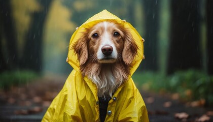 cute dog with yellow rain coat rainy weather in autumn concept generative ai