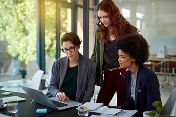 Poster - Business people, startup or laptop for planning in meeting for online website, research or strategy. Notes, women or designers in office for teamwork, collaboration or creative ideas on technology