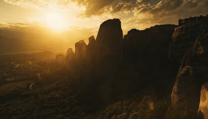 Wall Mural - meteora rock formation at sunset kalabaka greece