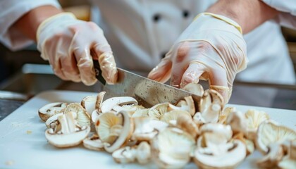 A chef is slicing mushrooms on a cutting board for a dish