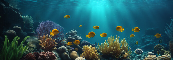 Wall Mural - Long banner with underwater world and vivid sunset sky. 