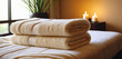 Beauty spa bed with towels and treatment with candles