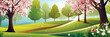 Summer and spring landscape background, simple cartoon.